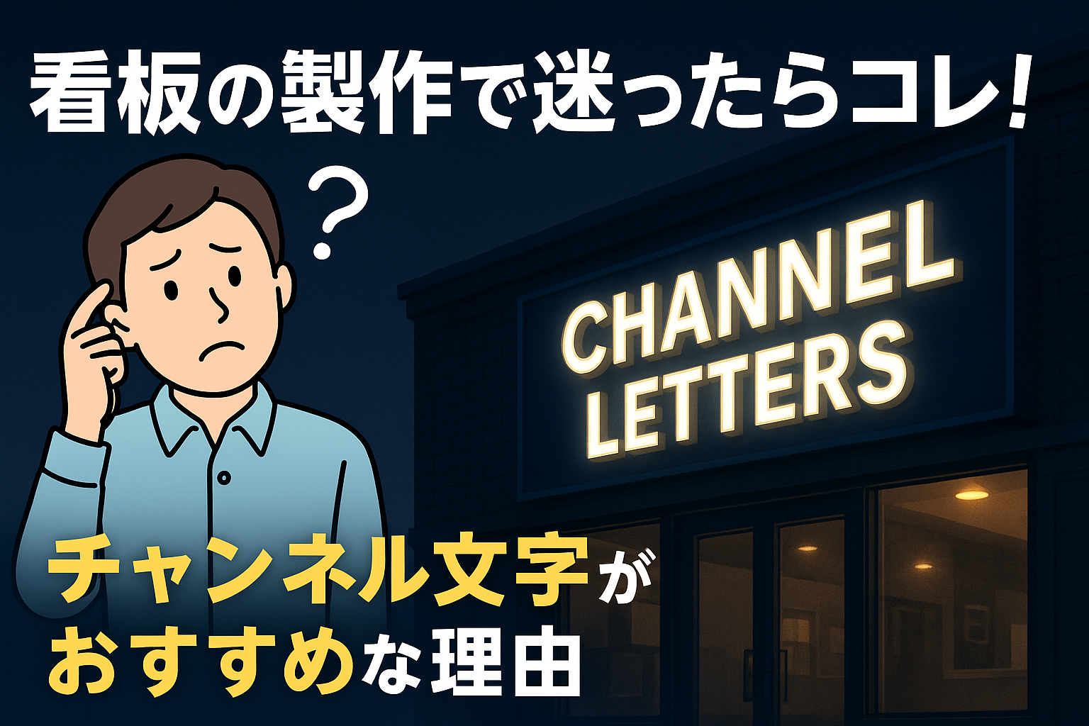 看板製作に悩む男性にチャンネル文字看板がおすすめ